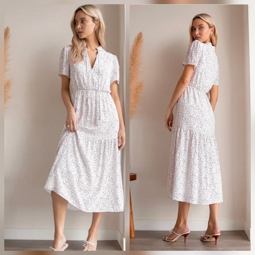 Lulus Flourish With Me White Floral Print Tiered Midi Dress XS EUC